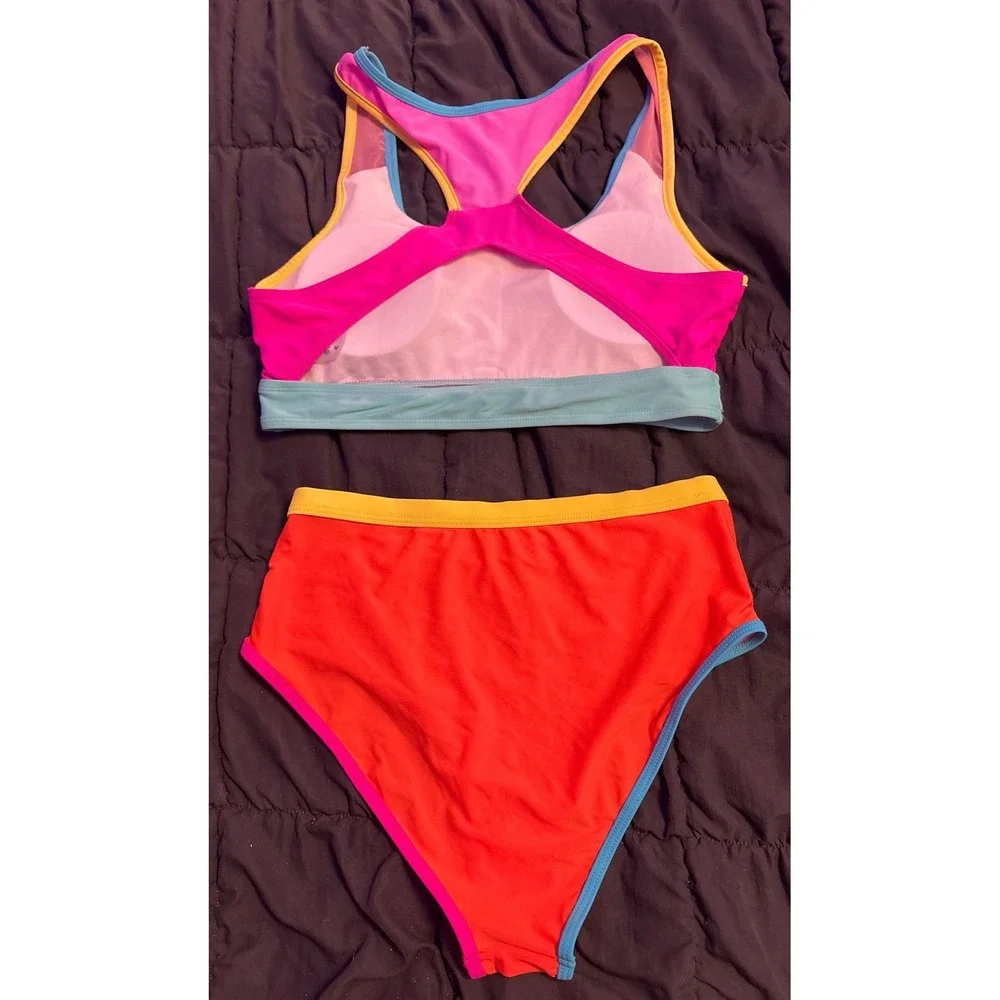 Women's Colorblock Racerback High Waist Bikini Swimsuit Pink Orange Size M